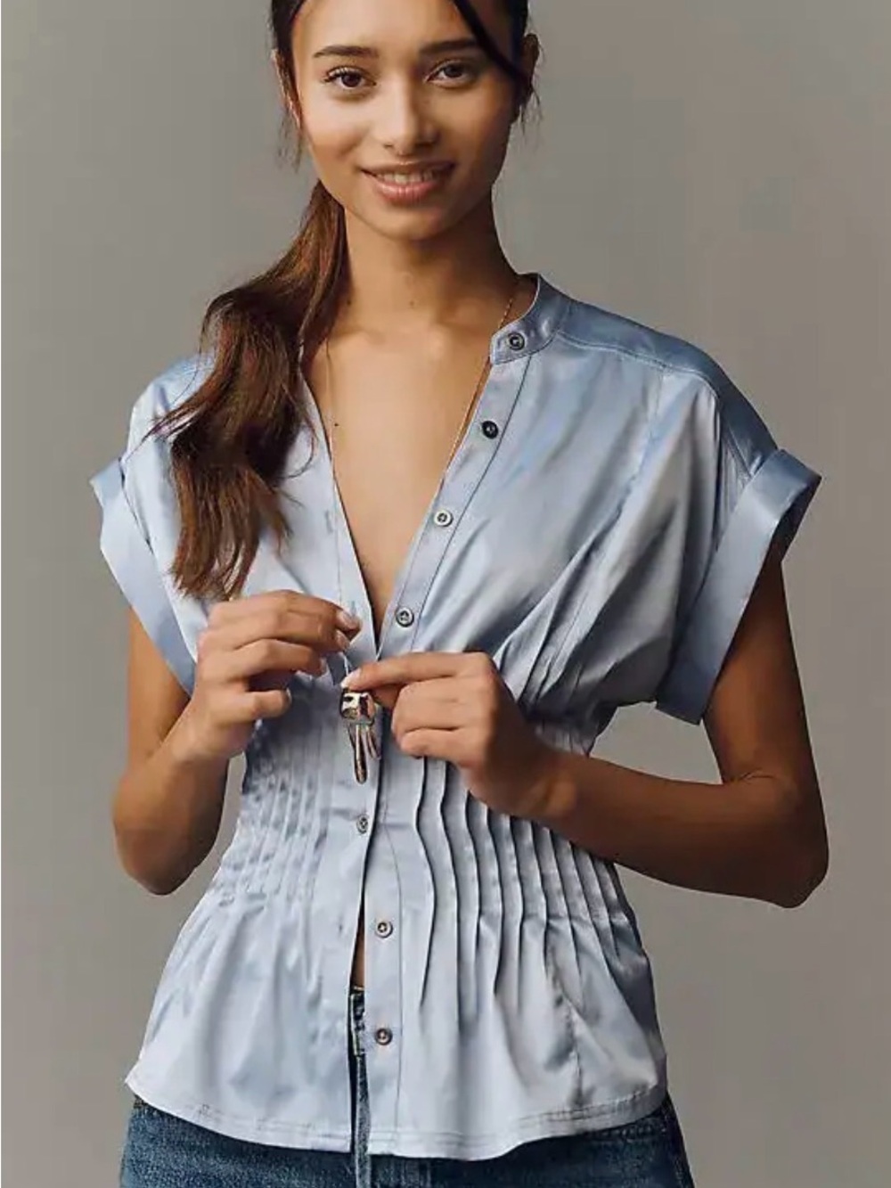 Anthropologie Light Blue Linden Silken Pleated Waisted Pilcro Button Blouse